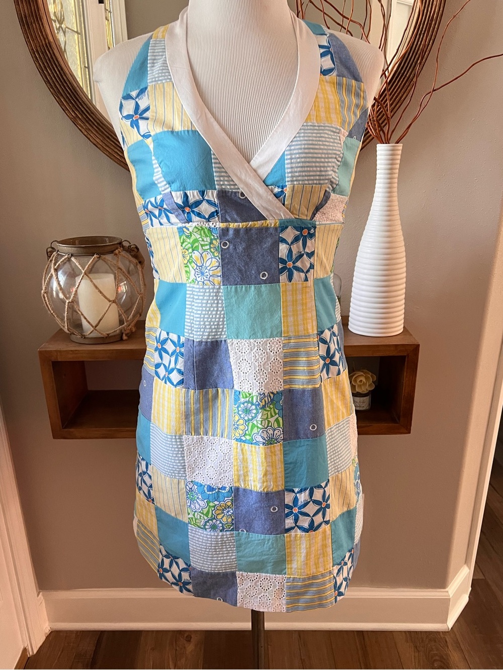 Lilly Pulitzer Marlon Halter Dress Sewn Patch Patchwork Blue Yellow Size 2
